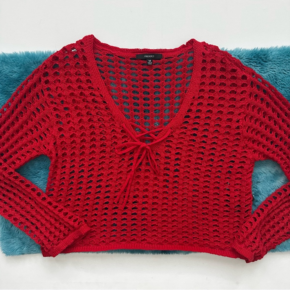 Forever 21 Red Crochet Tie-Front Sweater Size M Women